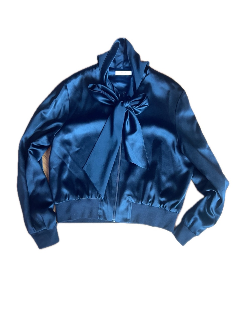 Area Silk Bomber Jacket Womens Size S Black Excellent Bow Tie Neck - Picture 6 of 8